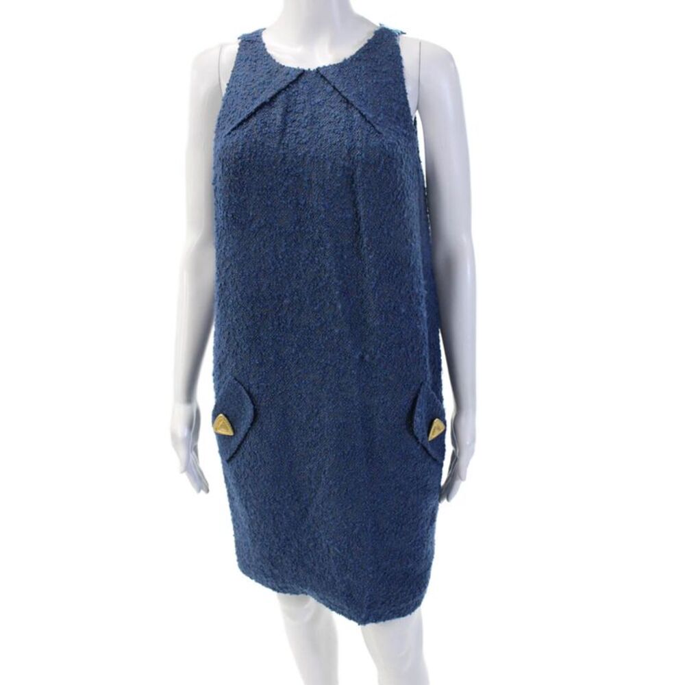 Azadeh Couture Women Shift Dress Dark Blue Wool Sleeveless Knee Length Size 8